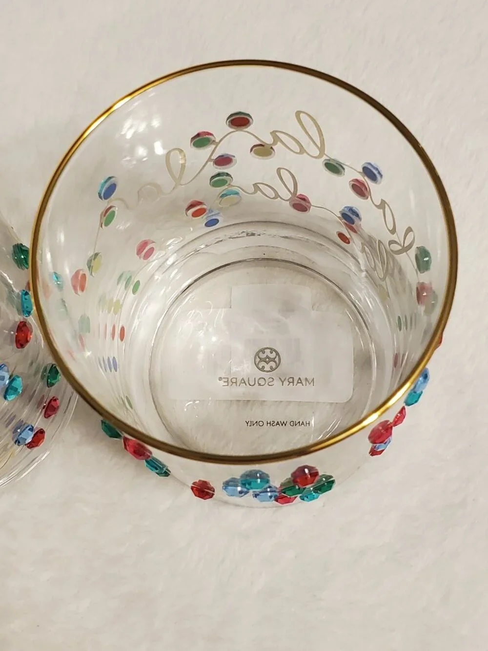 Mary Square Rhinestone Lights Rocks Glass Set -Gold Rim Brand New! Great Gift!